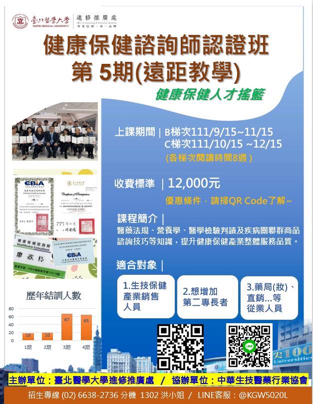 【臺北醫大】健康保健諮詢師認證班第五期